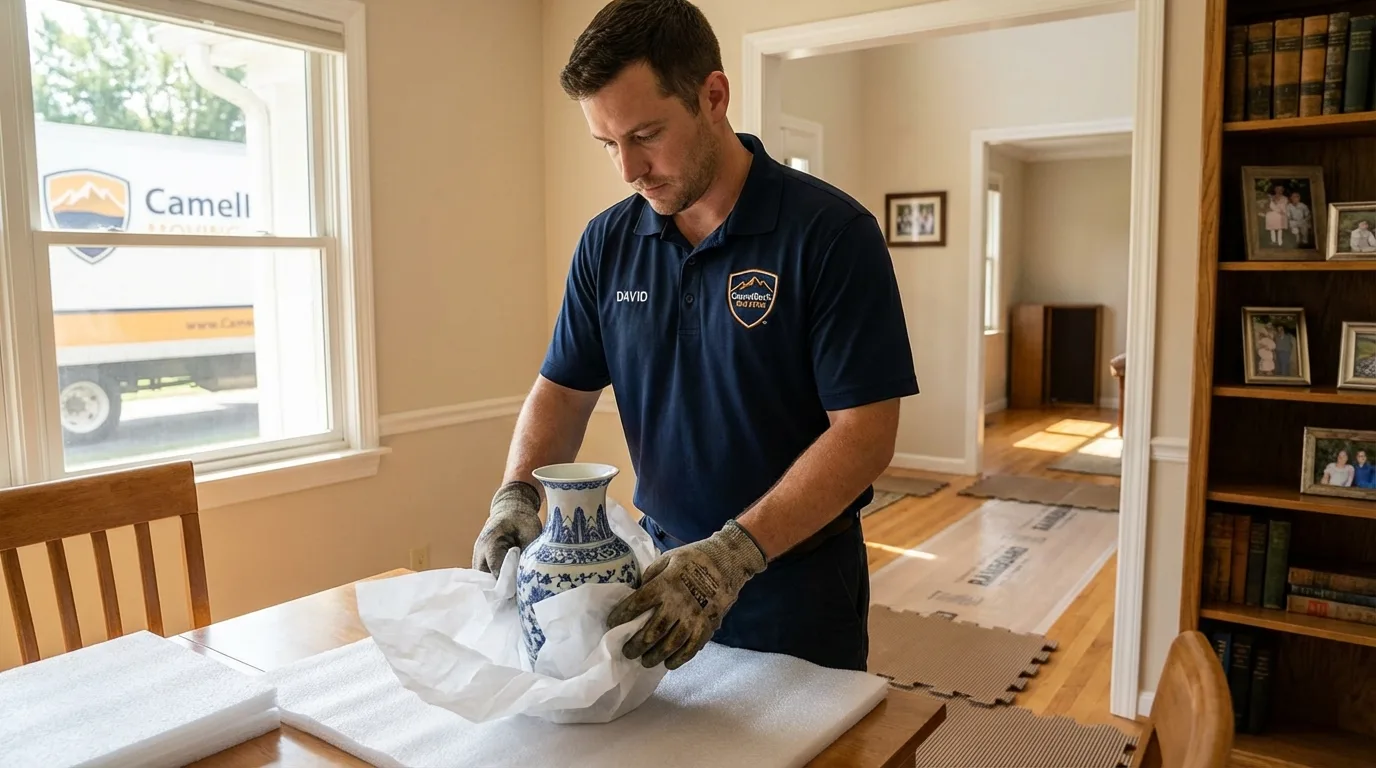 Professional crew carefully wrapping antique vase for senior downsizing move in Point Pleasant, WV